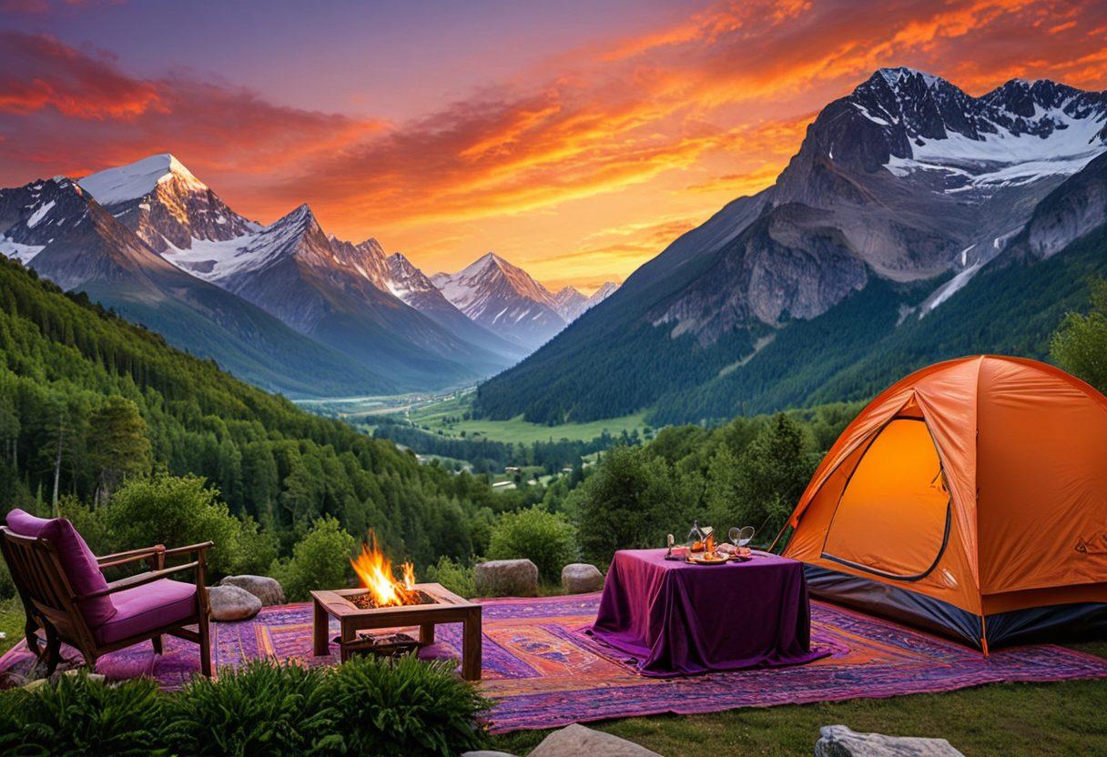 A luxurious travel scene showcasing a stunning mountain landscape with a lavish campsite, complete with elegant tents and plush seating. Incorporate a vibrant sunset with hues of orange and purple, highlighting the adventurous spirit. Include well-dressed travelers savoring gourmet cuisine al fresco, surrounded by lush greenery and breathtaking vistas. Consider adding an exotic animal in the background, such as a majestic eagle soaring above. hyper-realistic. vibrant colors. scenic detail.
