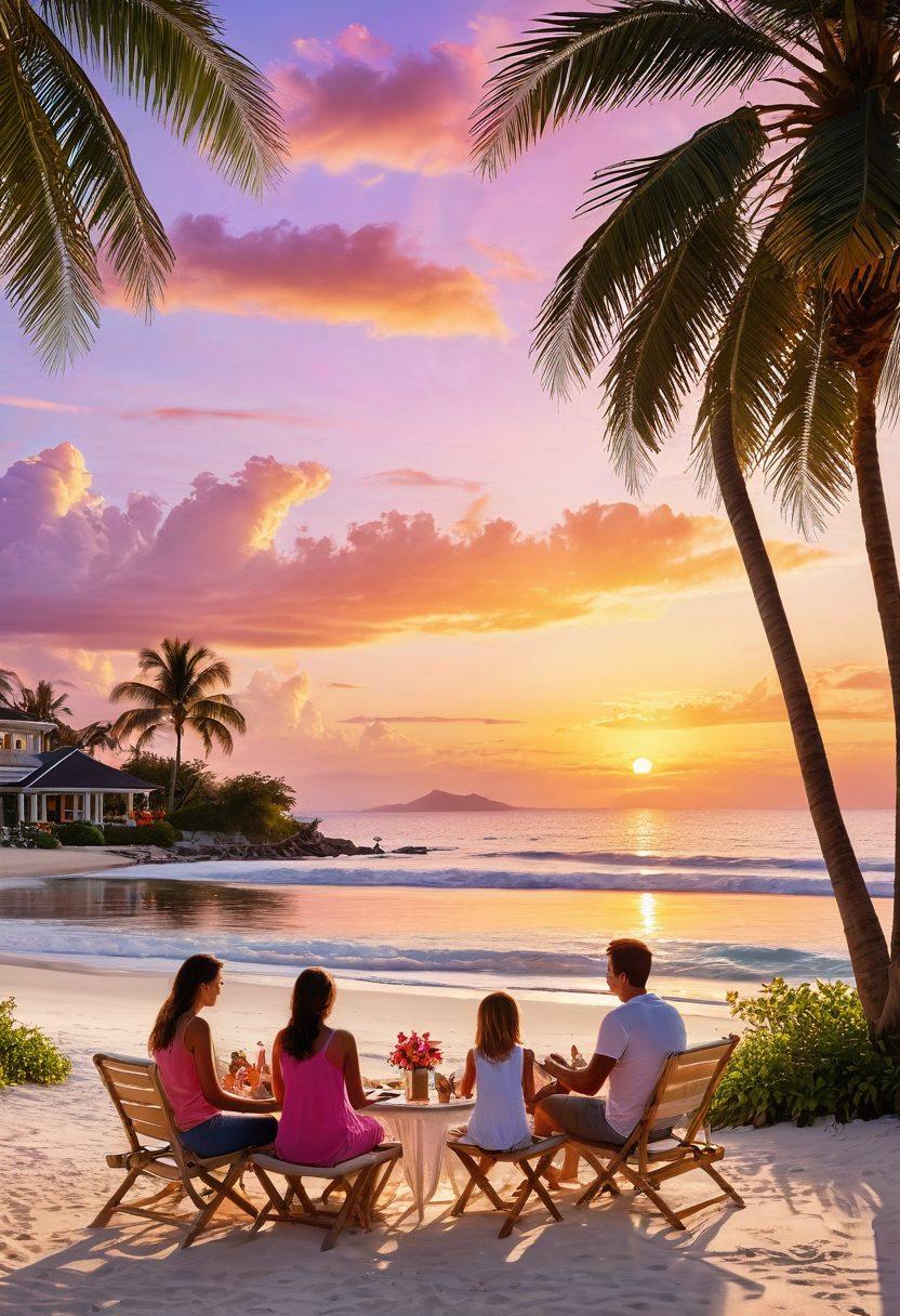 A serene beach with a family enjoying a picnic under a large palm tree, beside a cozy couple gazing at the sunset near a luxurious resort. Include vibrant tropical flowers and an inviting pool area in the background. The scene should radiate warmth and togetherness, highlighting joy and relaxation. super-realistic. vibrant colors. white sandy beach.