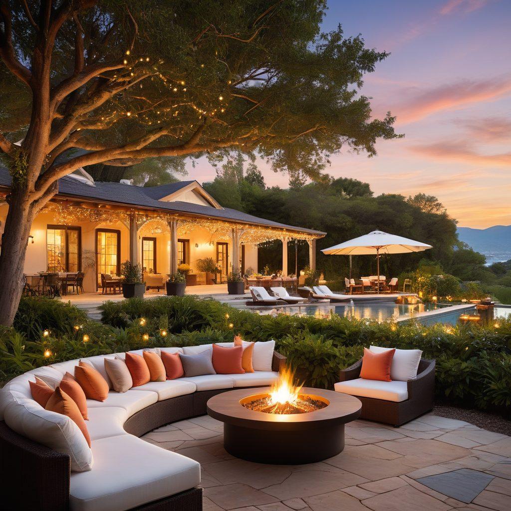 A breathtaking view of a luxurious auberge nestled in a serene landscape, surrounded by lush greenery and crystal-clear waters. Show a cozy, elegant outdoor seating area with plush cushions and a fire pit, adorned with twinkling fairy lights. Include a sunset background casting a warm glow over the scene, creating an inviting atmosphere for relaxation. Capture the essence of sophistication and tranquility of an ultimate getaway experience. super-realistic. vibrant colors.